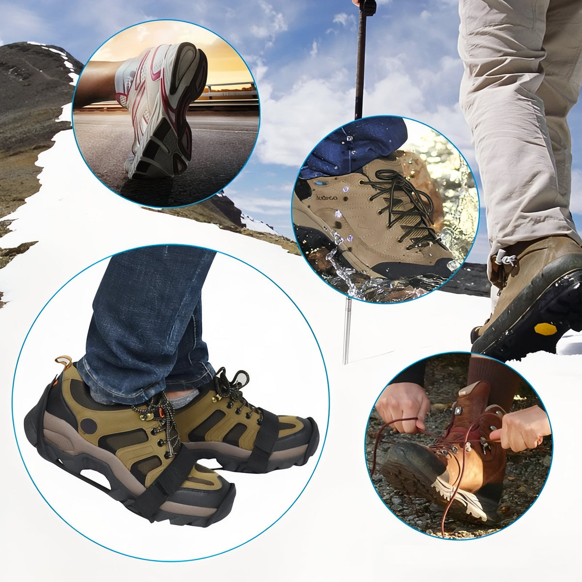 Anti-Slip Hiking Crampons 11 Teeth four models worn - 31-36 - 36-39 - 39-46 - 46-48