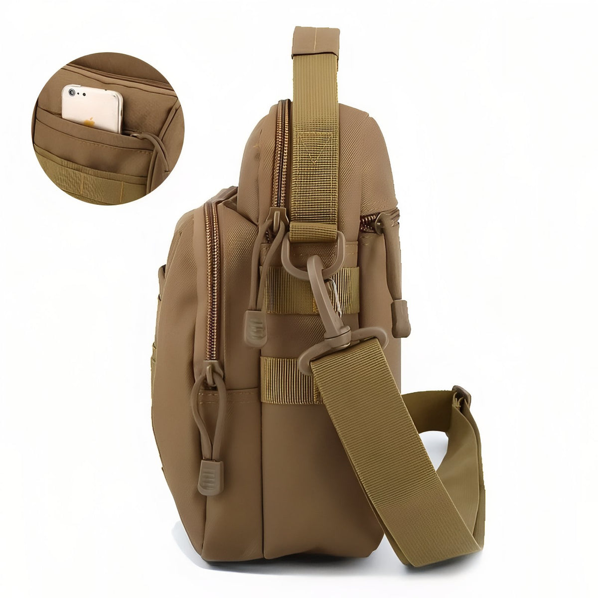 Close-up of Hiking Shoulder Bag phone pocket - Dark Brown - Olive Green - Matte Black
