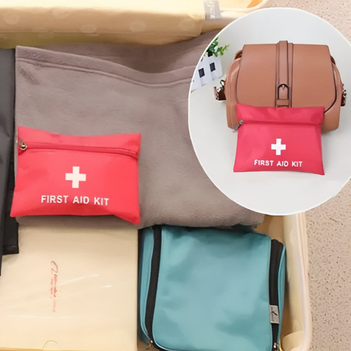 Lightweight First Aid Kit 50pcs in use - Cherry Red - Blue