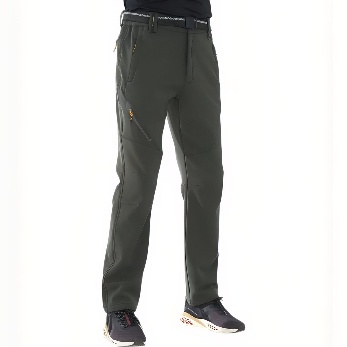 Men's Fleece-Lined Hiking Pants worn by a man - Dark Green - Deep Black - Anthracite Gray