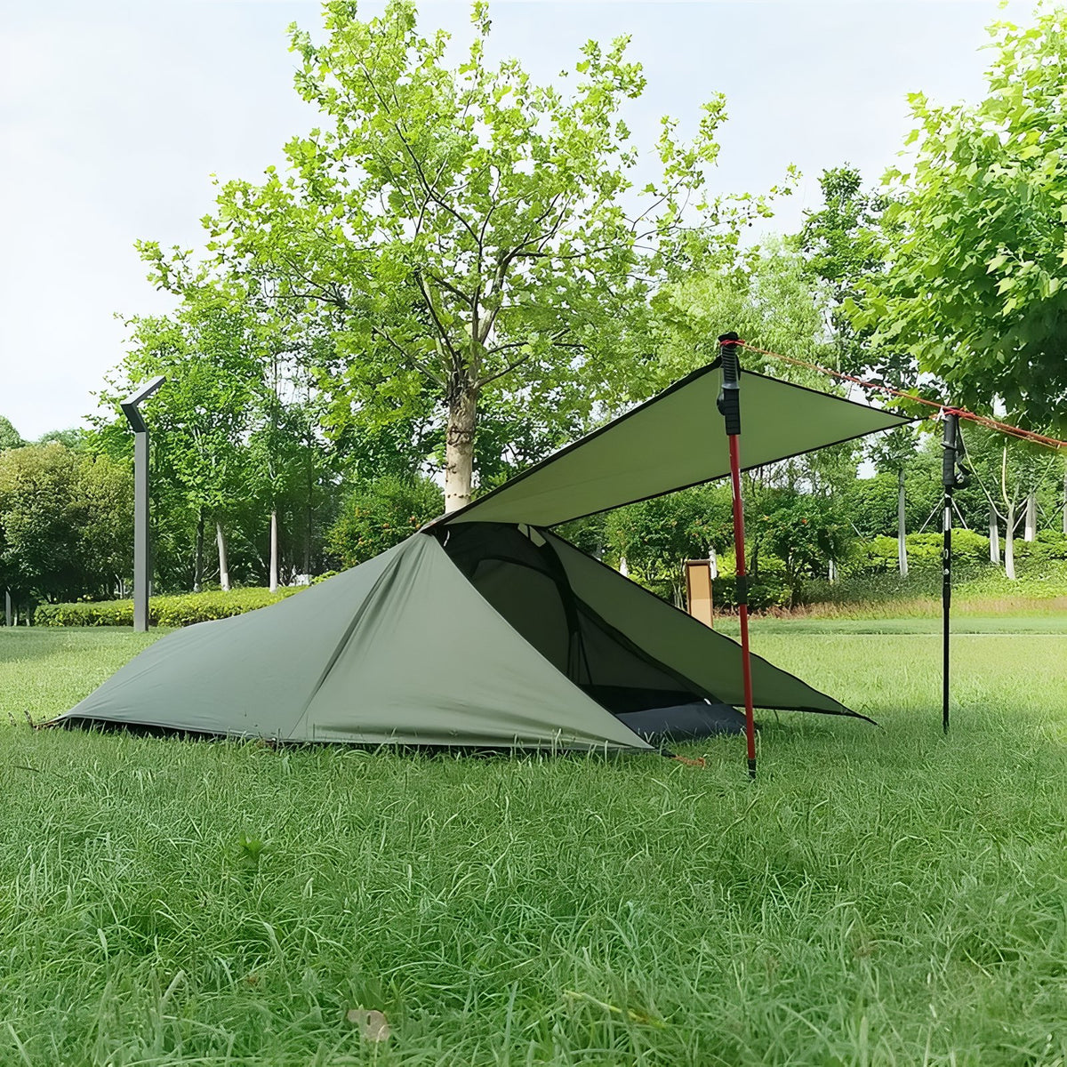 Lightweight 1-Person Bivouac Tent in outdoor setting - Olive Green - Sand Beige - Groundsheet