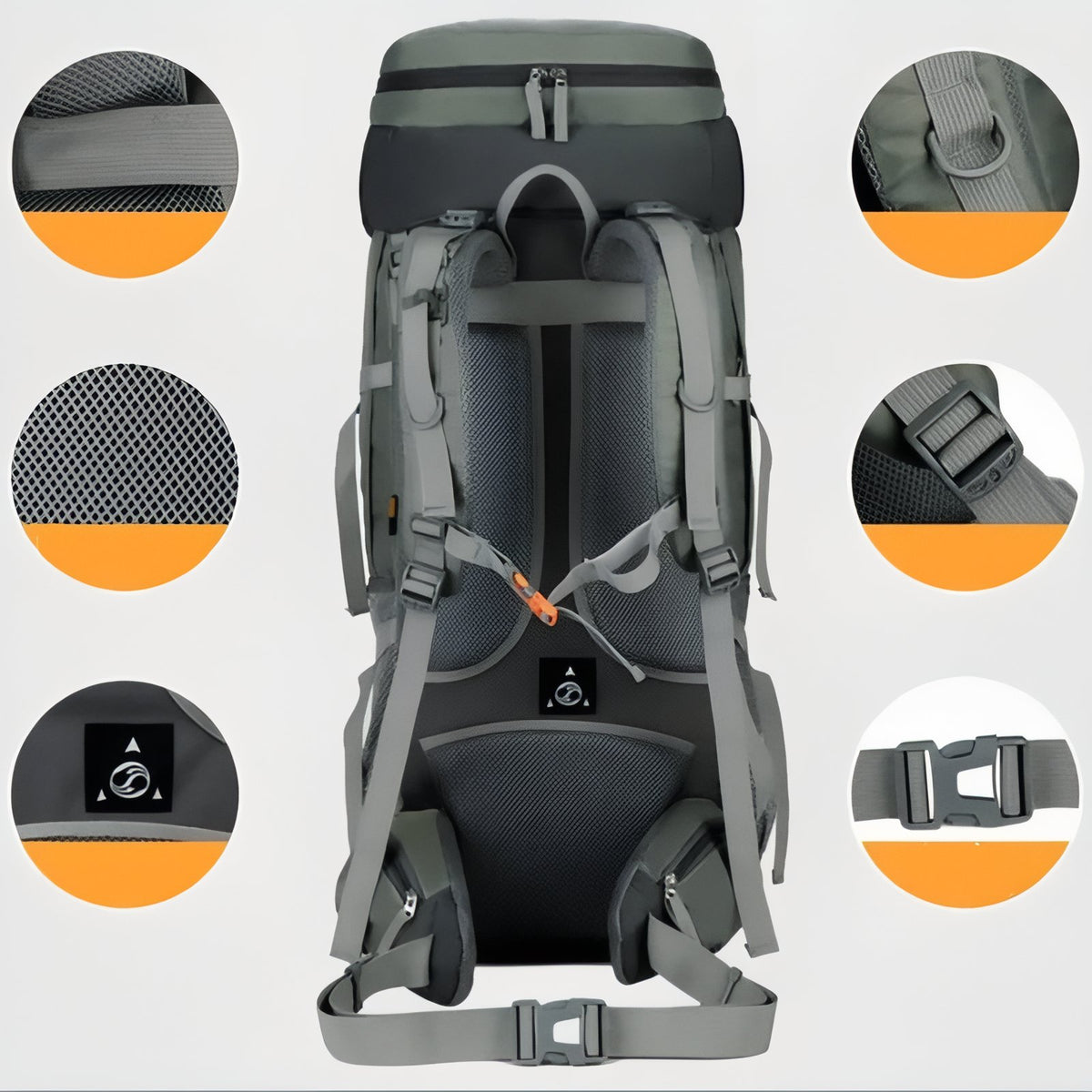Sac à Dos Imperméable Randonnée 75L gros plan détails sangle - Vert Foncé - Bleu Marine - Bleu Océan - Noir