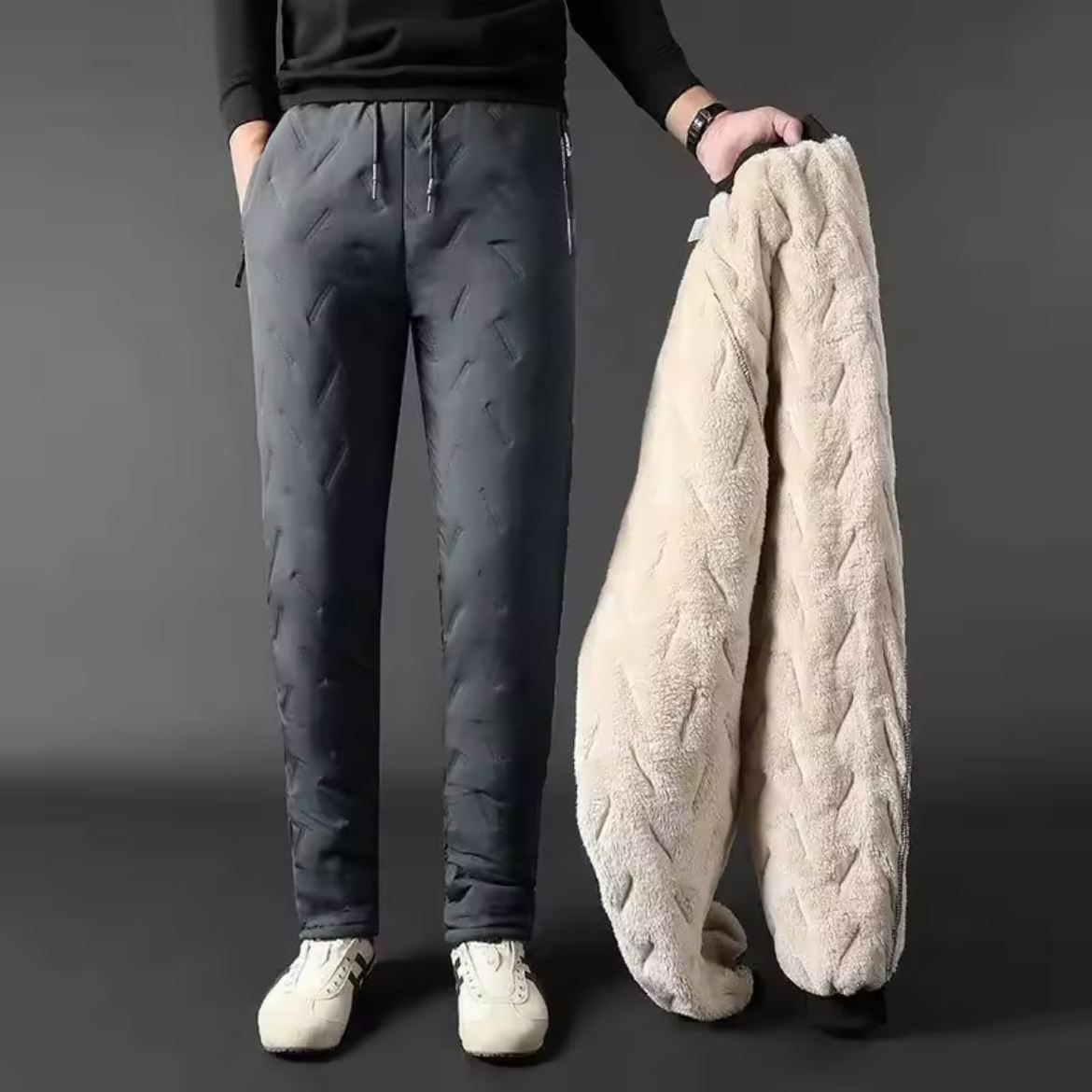 Pantalon Fourré Homme portée avec manteau - Noir (Droit) - Gris (Droit) - Noir (Serré) - Gris (Serré)