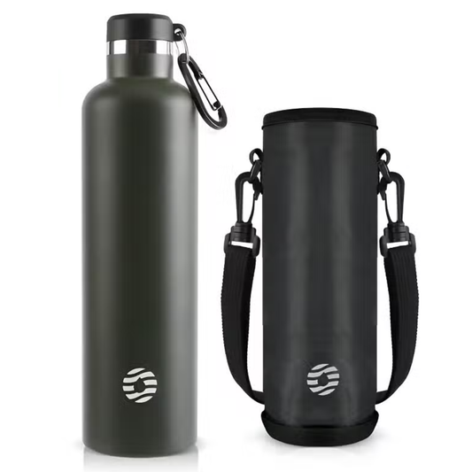 Stainless Steel Bottle with Carabiner - Olive Green - 1000 ml