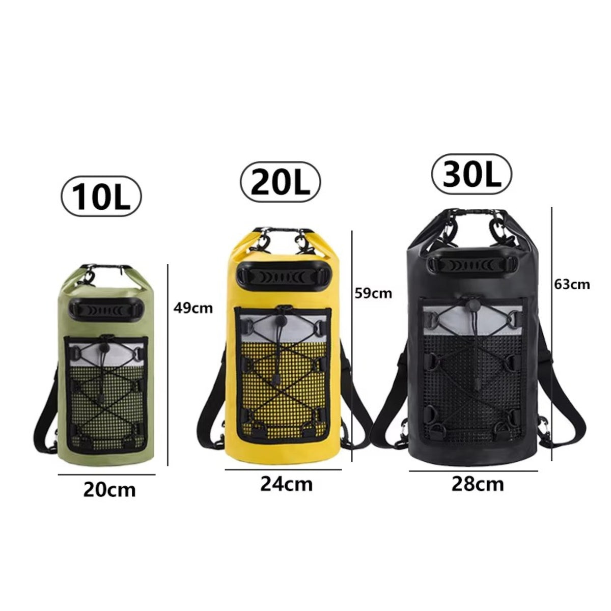 Waterproof Hiking Bag size guide - Yellow - Green - Black