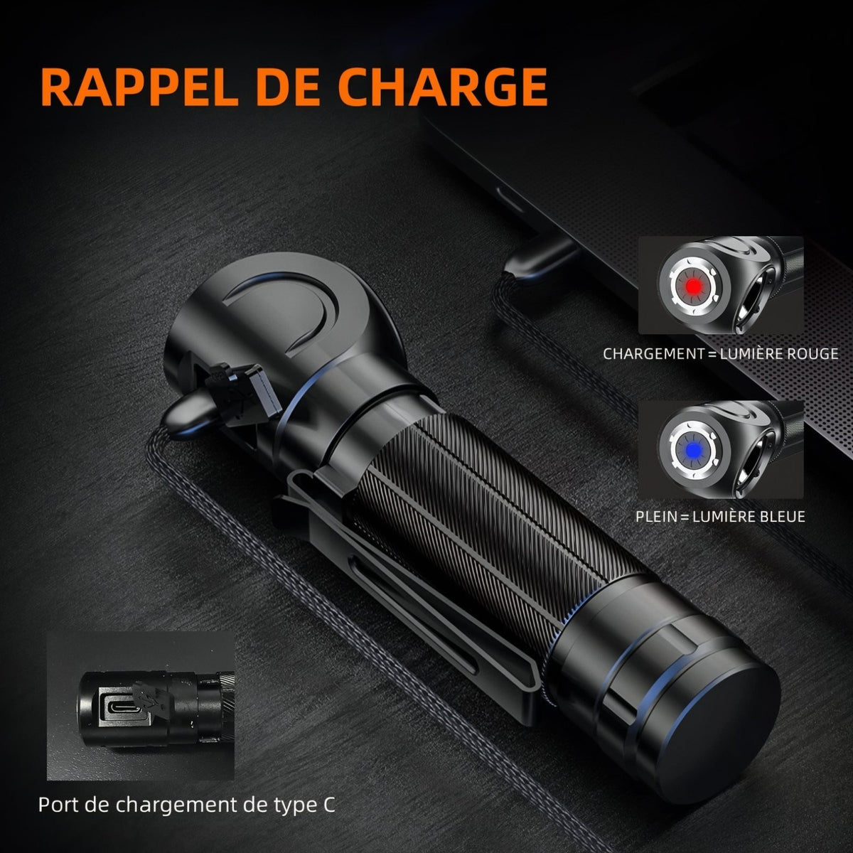 Close-up of Headlamp Flashlight charging port - 2000mAh - 3400mAh