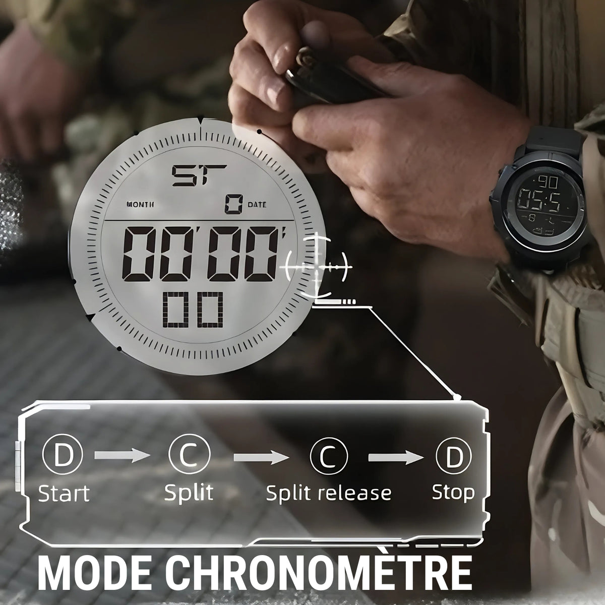 Men's Hiking Watch with Stopwatch Display - Matte Black - Black and Olive Green