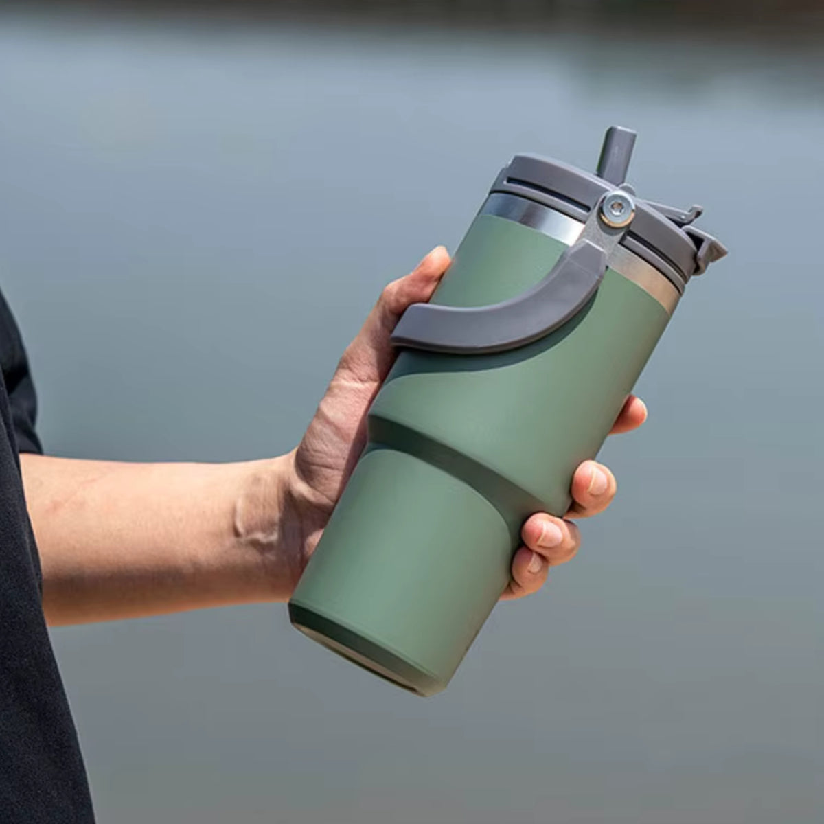 Insulated Mug With Spout carried by hand - Sage Green - Burnt Orange - Matte Black - Dark Turquoise - Black and White - Light Purple