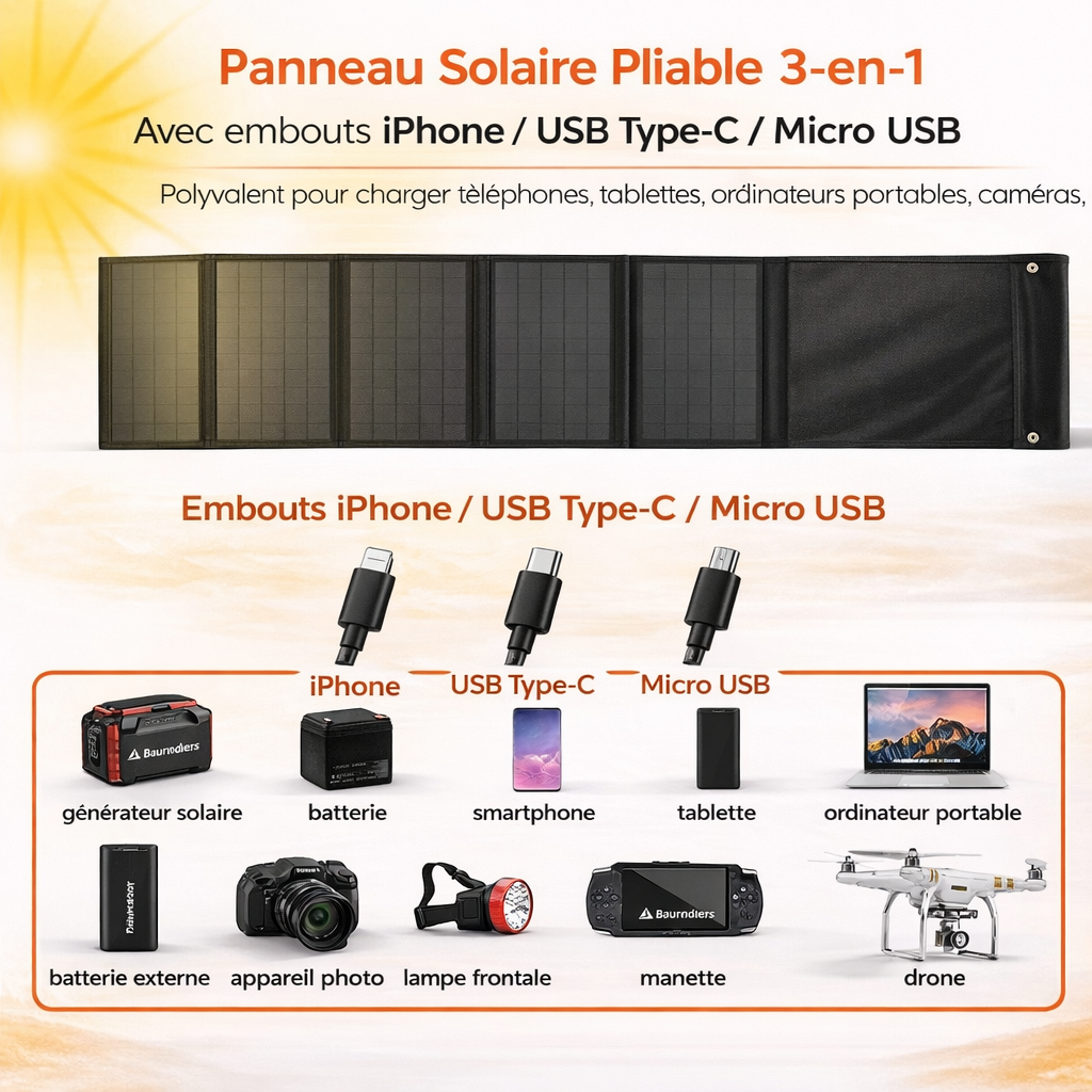 Panneau Solaire Pour Randonnée 30W / 50W mise en situation avec accessoires - 30W - 4 Panneaux - 50W - 6 Panneaux