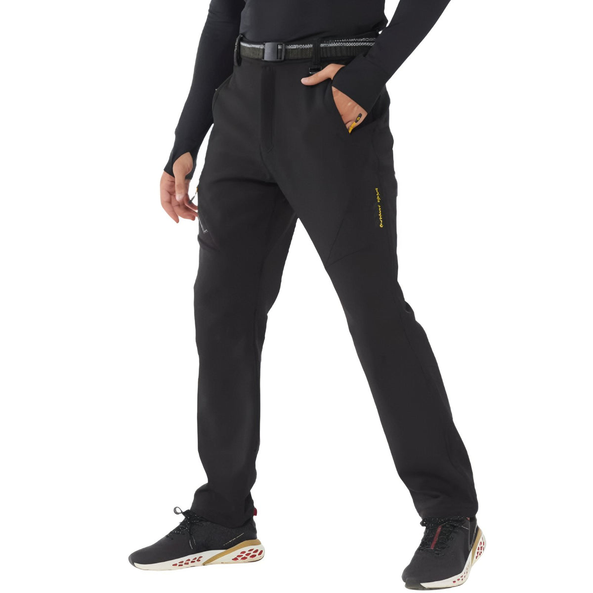 Men's Fleece-Lined Hiking Pants held in hand - Dark Green - Deep Black - Anthracite Gray