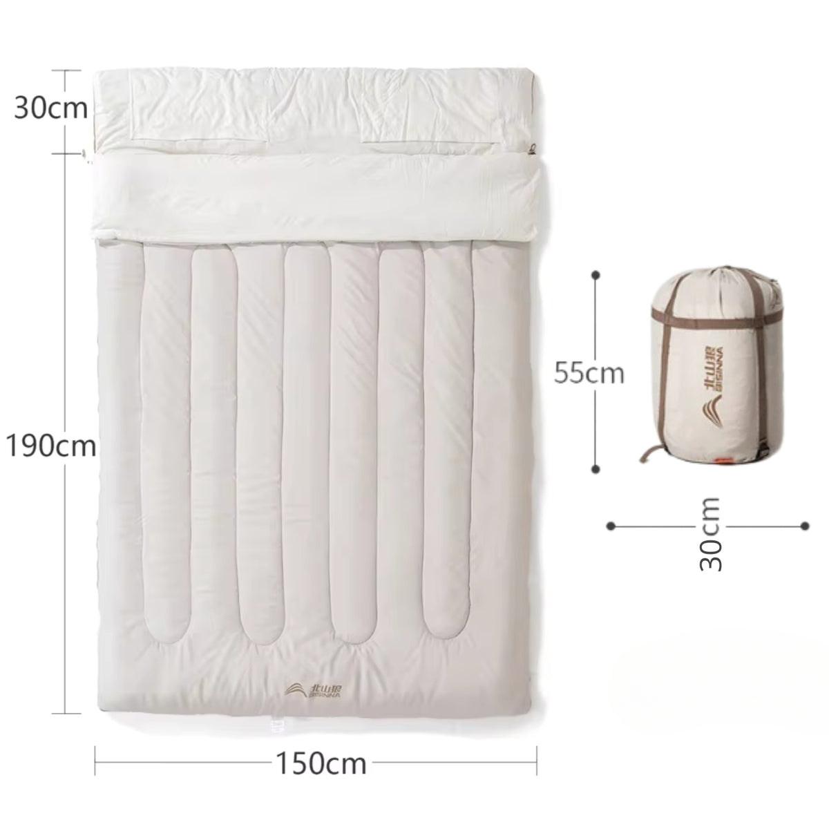 2-Person Detachable Sleeping Bag size guide - 12°C to 20°C / 2.6Kg - 5°C to 10°C / 3.2Kg