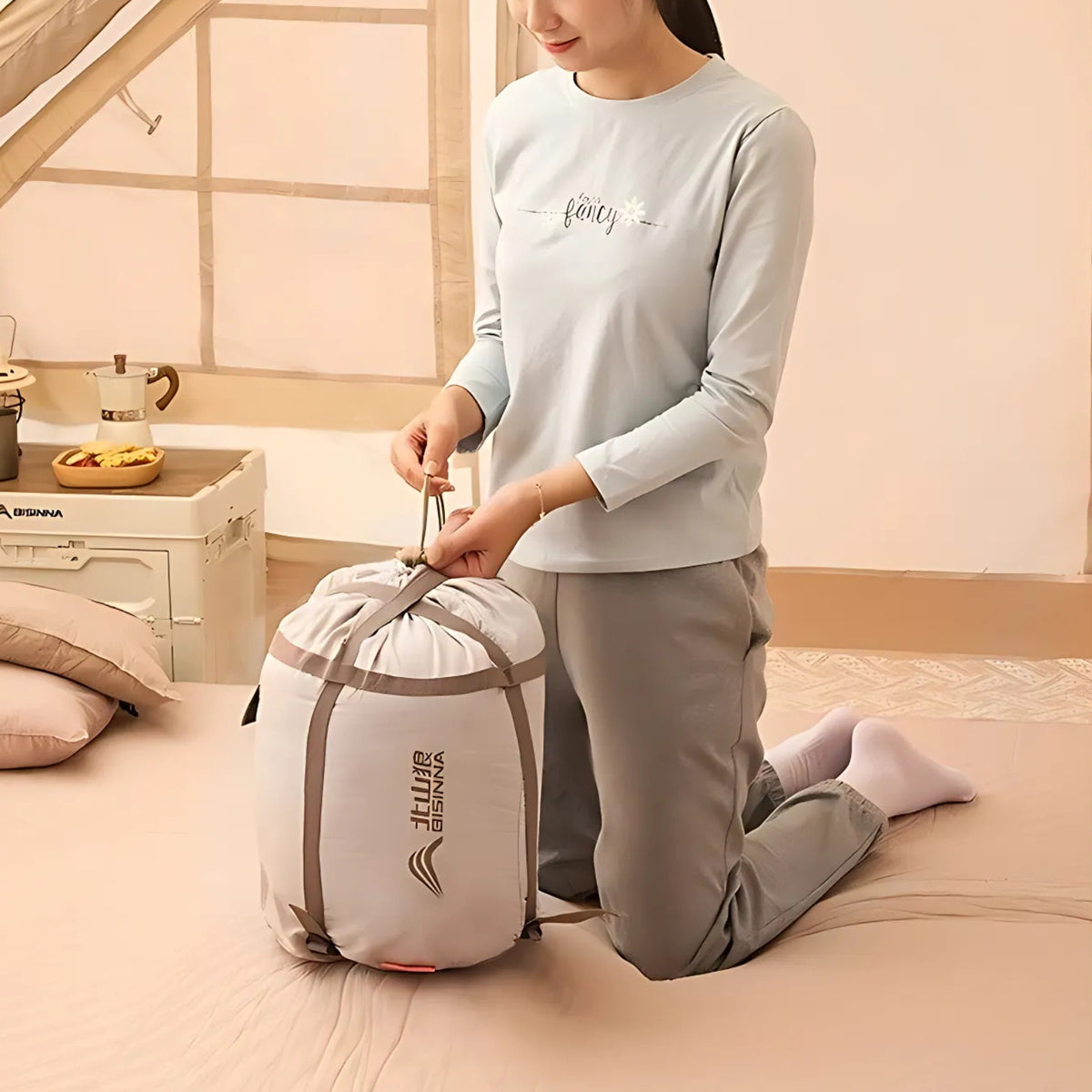 2-Person Detachable Sleeping Bag staged with person - 12°C to 20°C / 2.6Kg - 5°C to 10°C / 3.2Kg