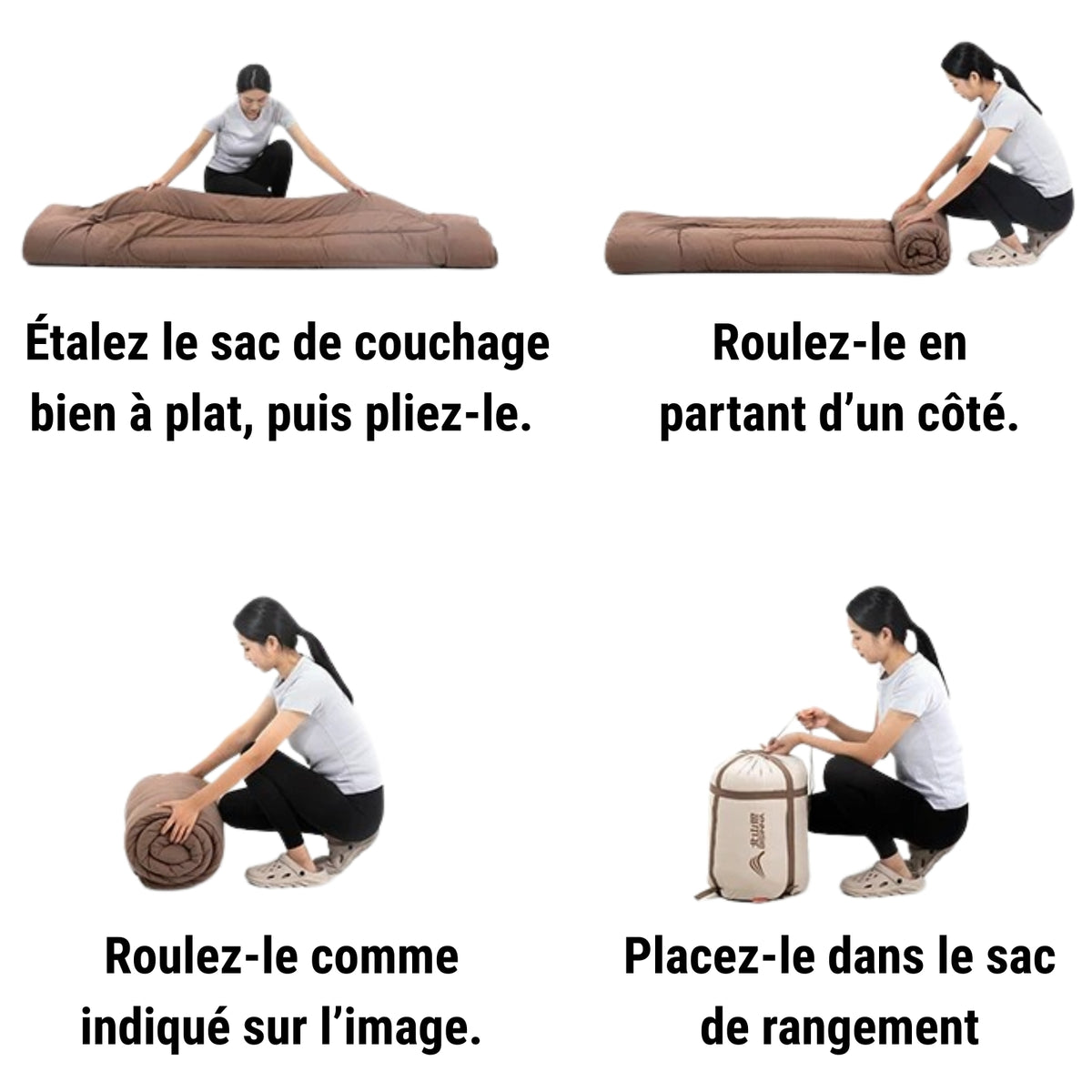 2-Person Detachable Sleeping Bag folding instructions - 12°C to 20°C / 2.6Kg - 5°C to 10°C / 3.2Kg