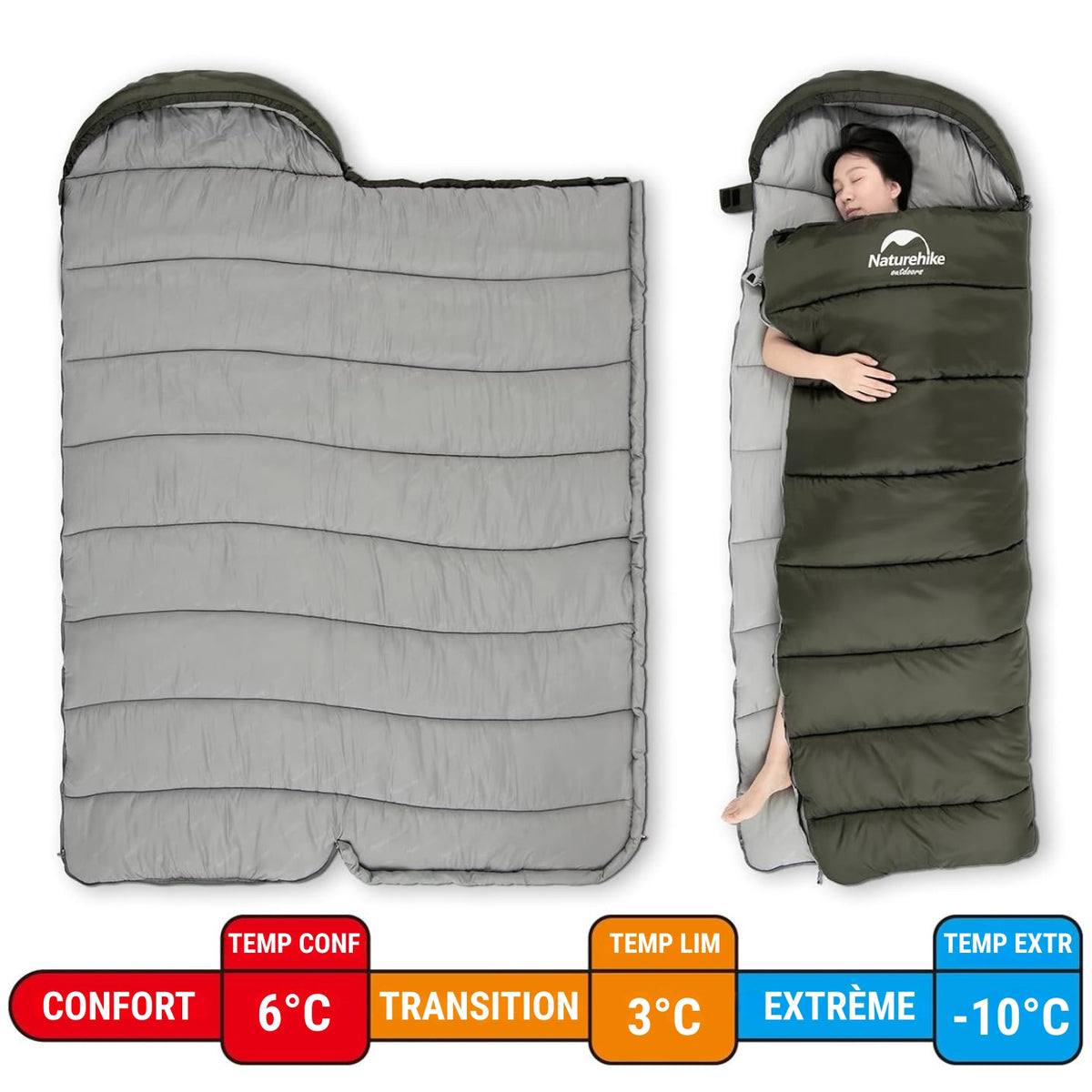 3-Season Lightweight Sleeping Bag in use with person - Brown and Beige - Olive Green