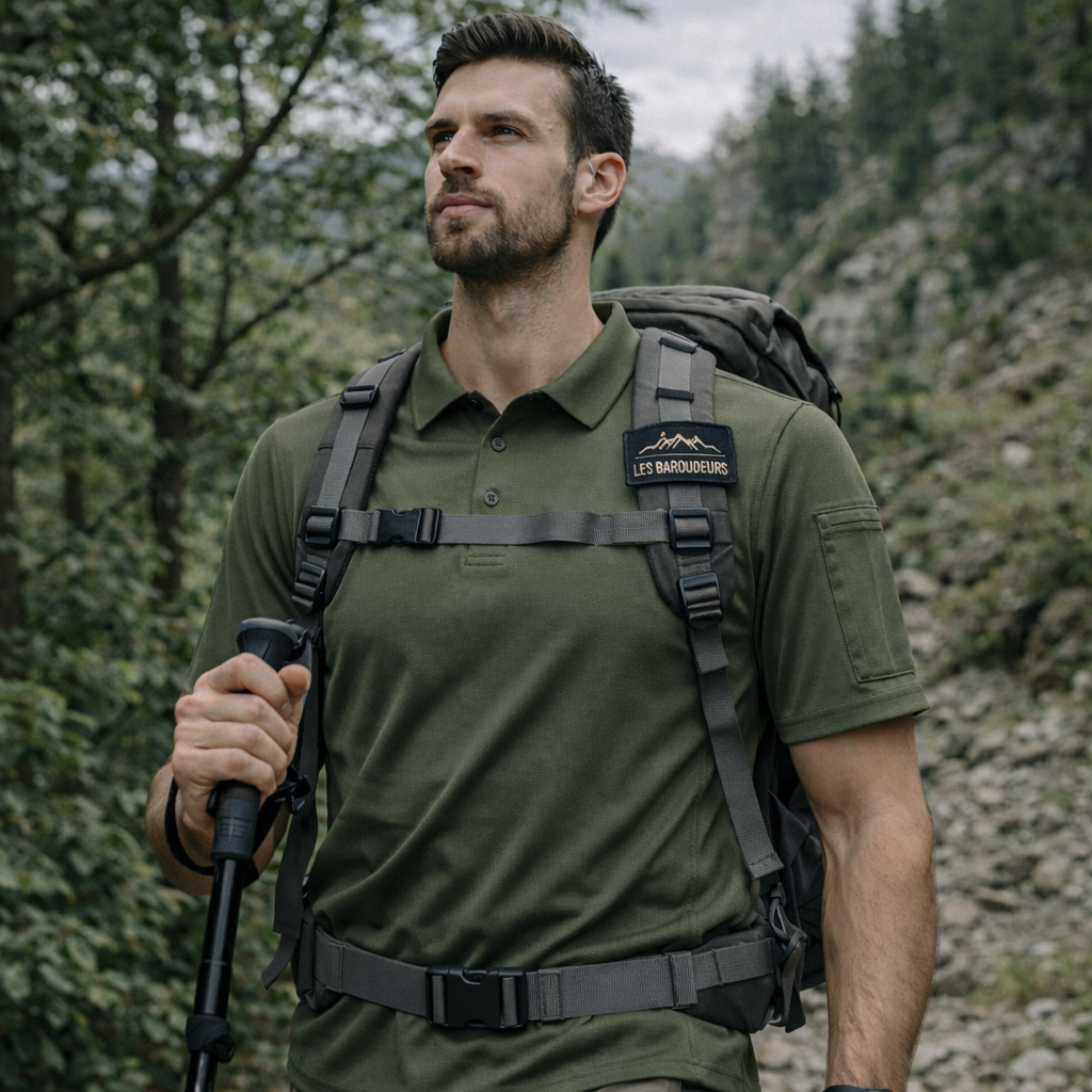 Men's Sweat-Wicking Hiking T-Shirt worn while hiking - Green - Powder Pink - Cobalt Blue - White - Deep Black - Turquoise - Sky Blue - Light Blue - Charcoal Grey - Navy Blue