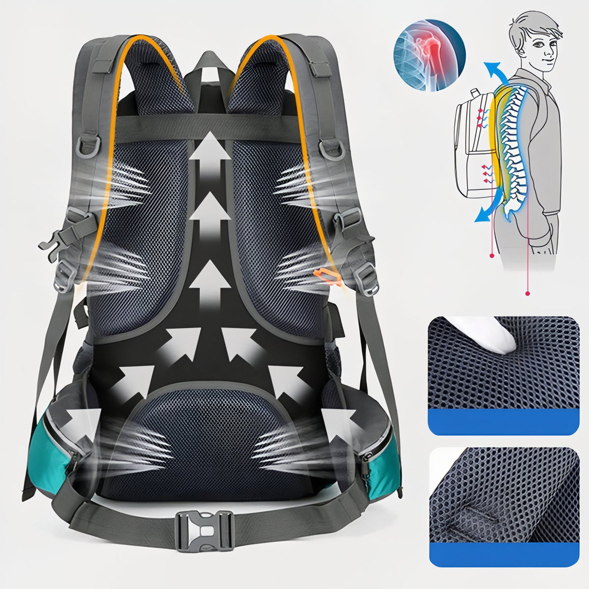Multi-Pocket Hiking Backpack 55L back detail - Turquoise and Gray - Dark Gray and Black - Dark Gray and Navy Blue - Deep Black - Orange and Gray