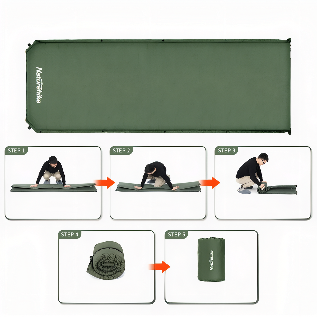 Matelas De Camping Autogonflant 1 Personne étapes de pliage - Vert Foncé - Gris Foncé - Beige Clair