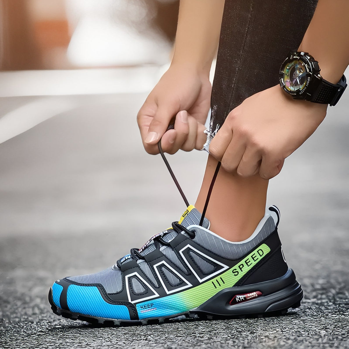 Men's Urban Walk Sneakers held in hand - Sky Blue and Black - Black and Silver - Sky Blue - Red and Black