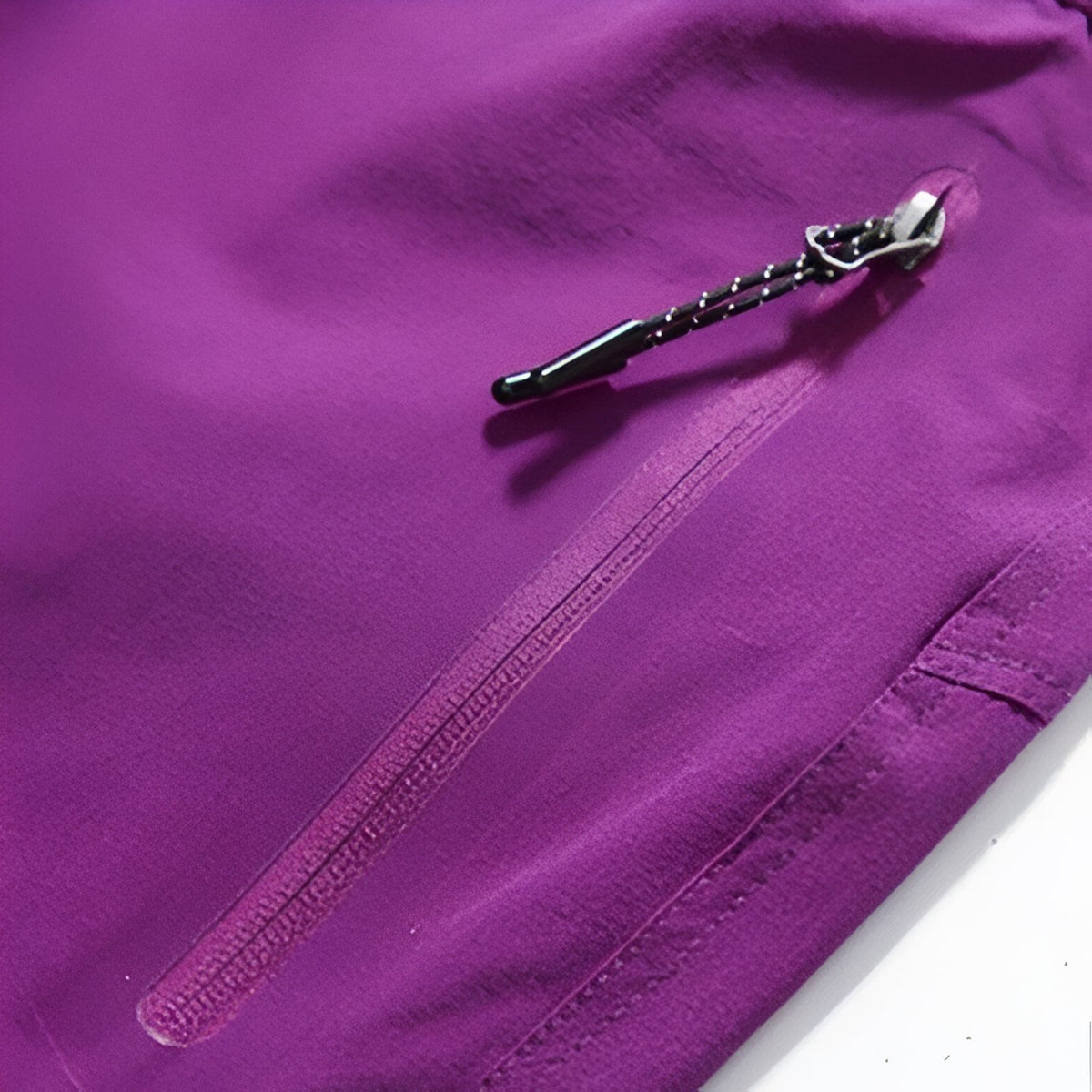 Women's Summer Hiking Pants close-up zip closure - Purple - Black - Dark Gray