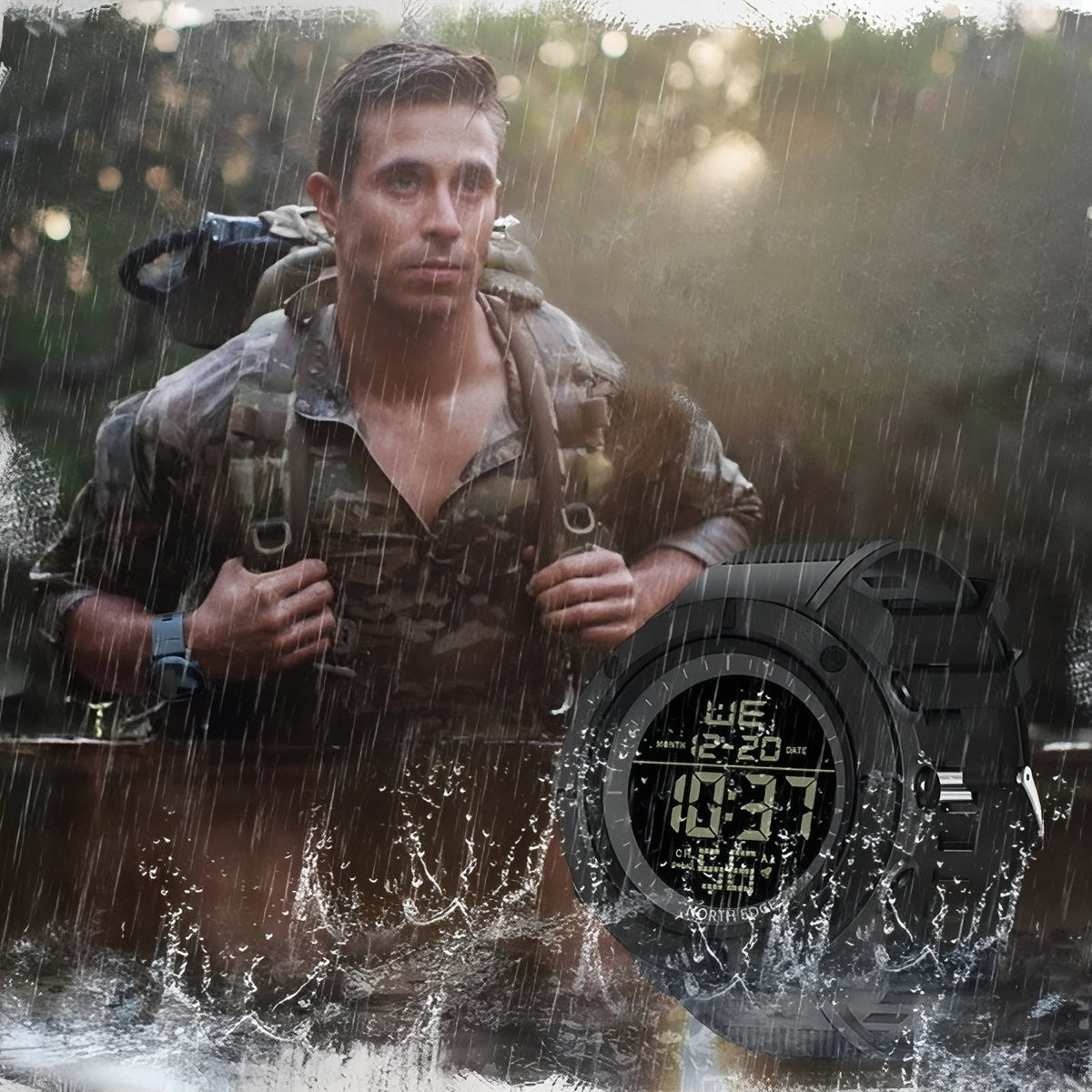Men's Hiking Watch worn on the wrist - Matte Black - Black and Olive Green