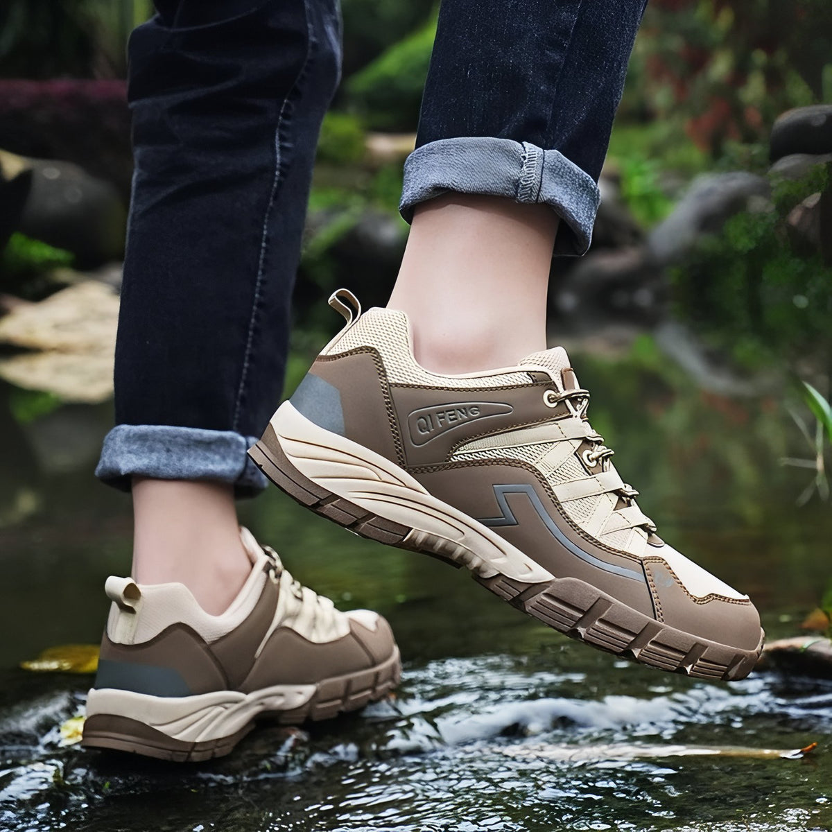 Men's Low Hiking Shoe worn outdoors - Beige and Brown - Black and Gray