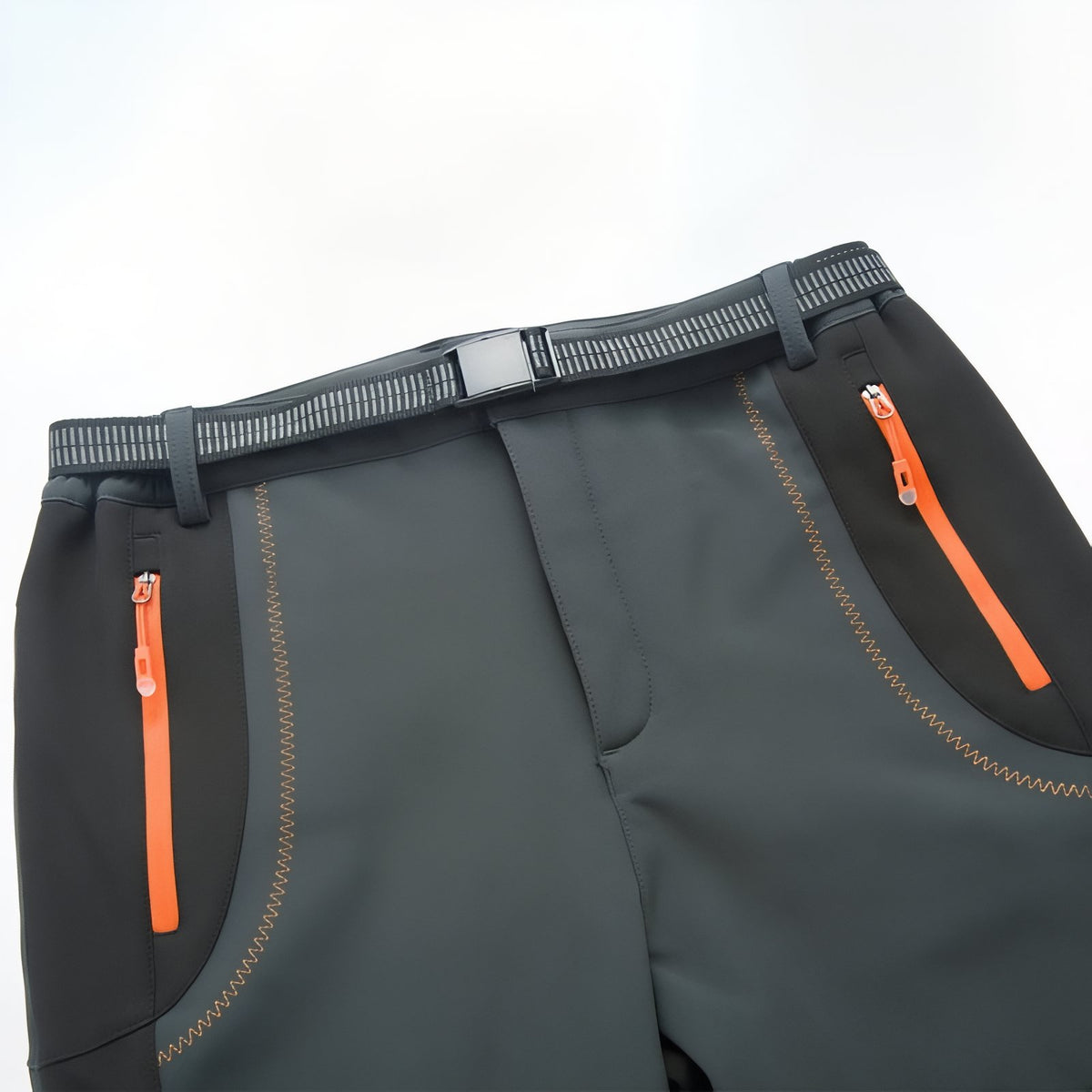 Men's Water-Repellent Hiking Pants close-up zip closure - Dark Green and Black - Dark Gray and Orange - Black and Orange