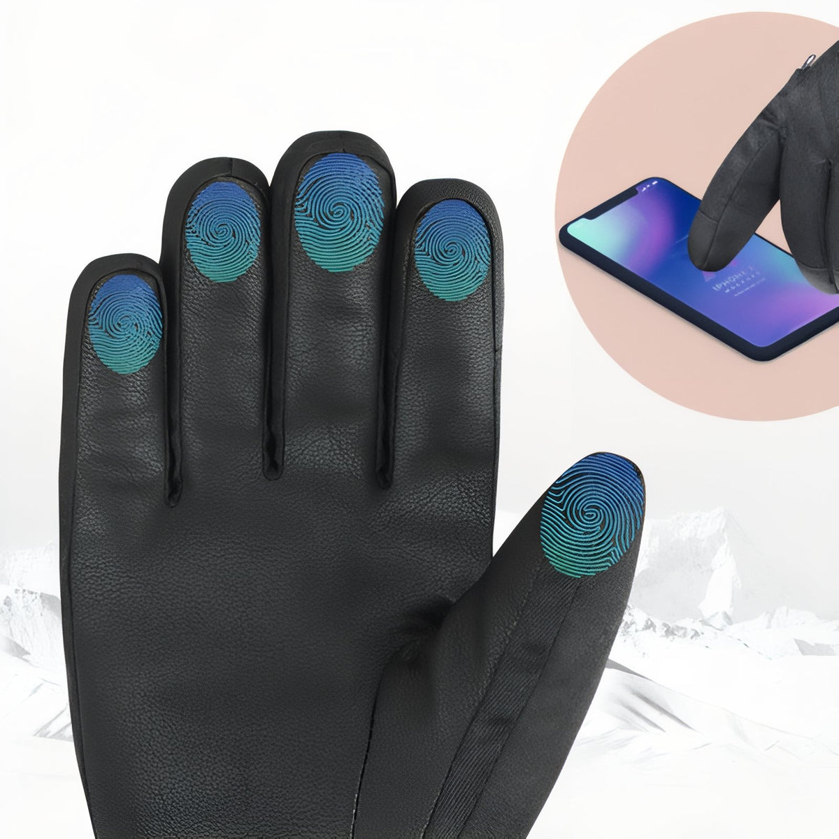 Close-up of Ski Touring Gloves with touch fingers - White and Black - Gray and Black - Ebony Black