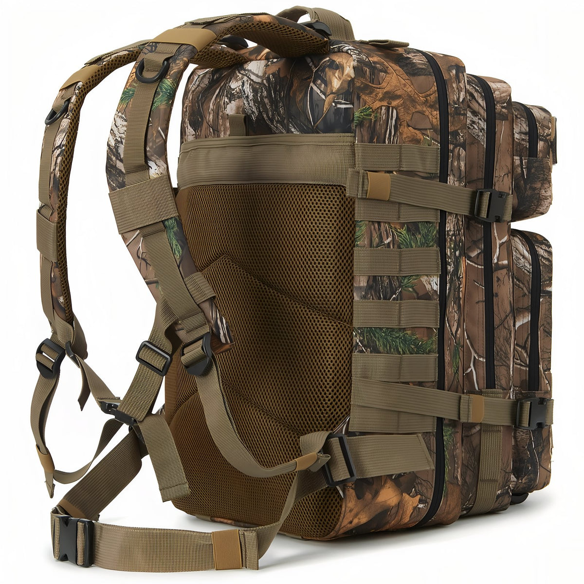 Sac à Dos Camouflage 45L gros plan sangle et dos - Noir et Gris - Gris et Beige - Vert Olive et Beige - Noir - Marron et Vert Forêt - Marron Beige