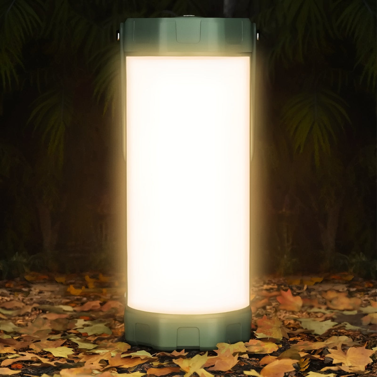 Lanterne Puissante Rechargeable 106 Leds mise en situation extérieure - Blanc et Vert Olive