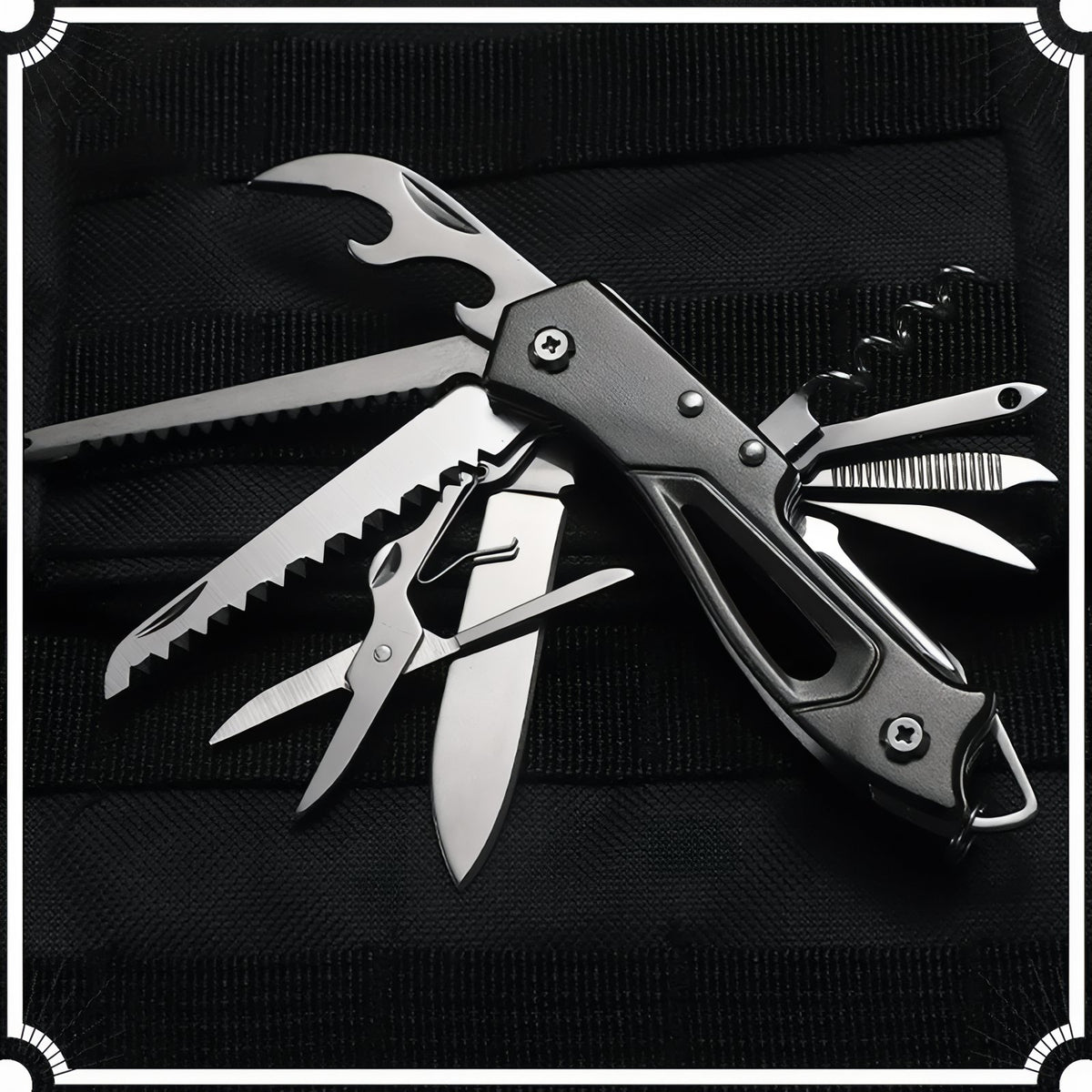 Close-up of Multifunction Pocket Knife with tools deployed - Black