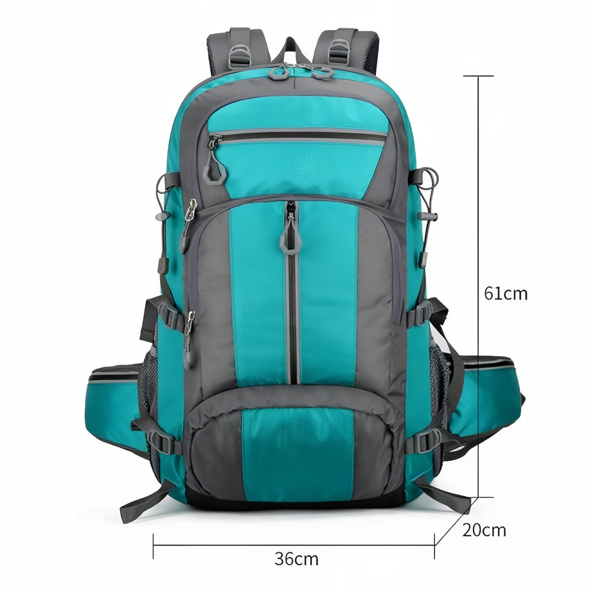 Multi-Pocket Hiking Backpack 55L displayed dimensions - Turquoise and Gray