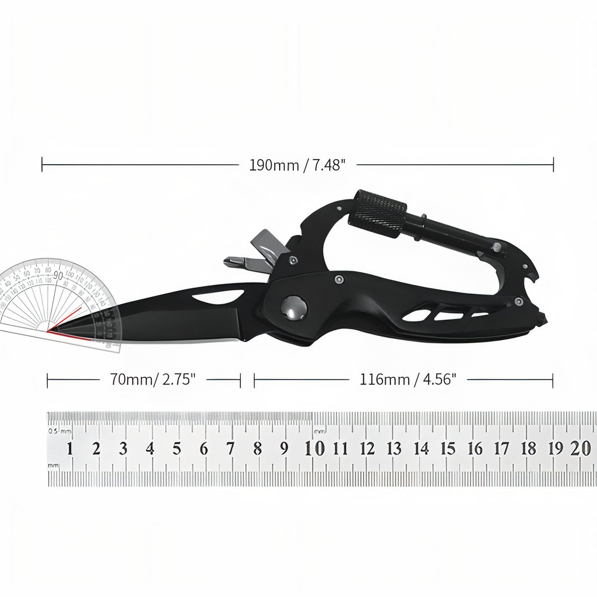 Couteau Mousqueton Multifonction guide des dimensions - Noir Mat