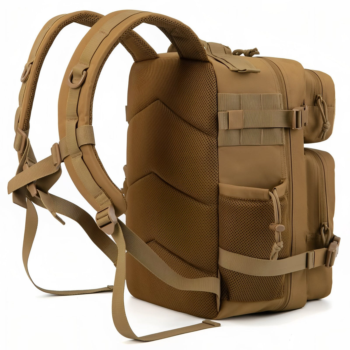Close-up of the Sand Military Backpack 25L strap and back - Dark Brown