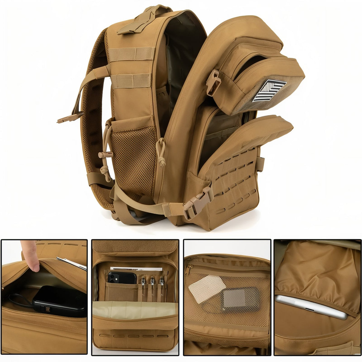 Military Backpack Sand 25L open compartment - Dark Brown