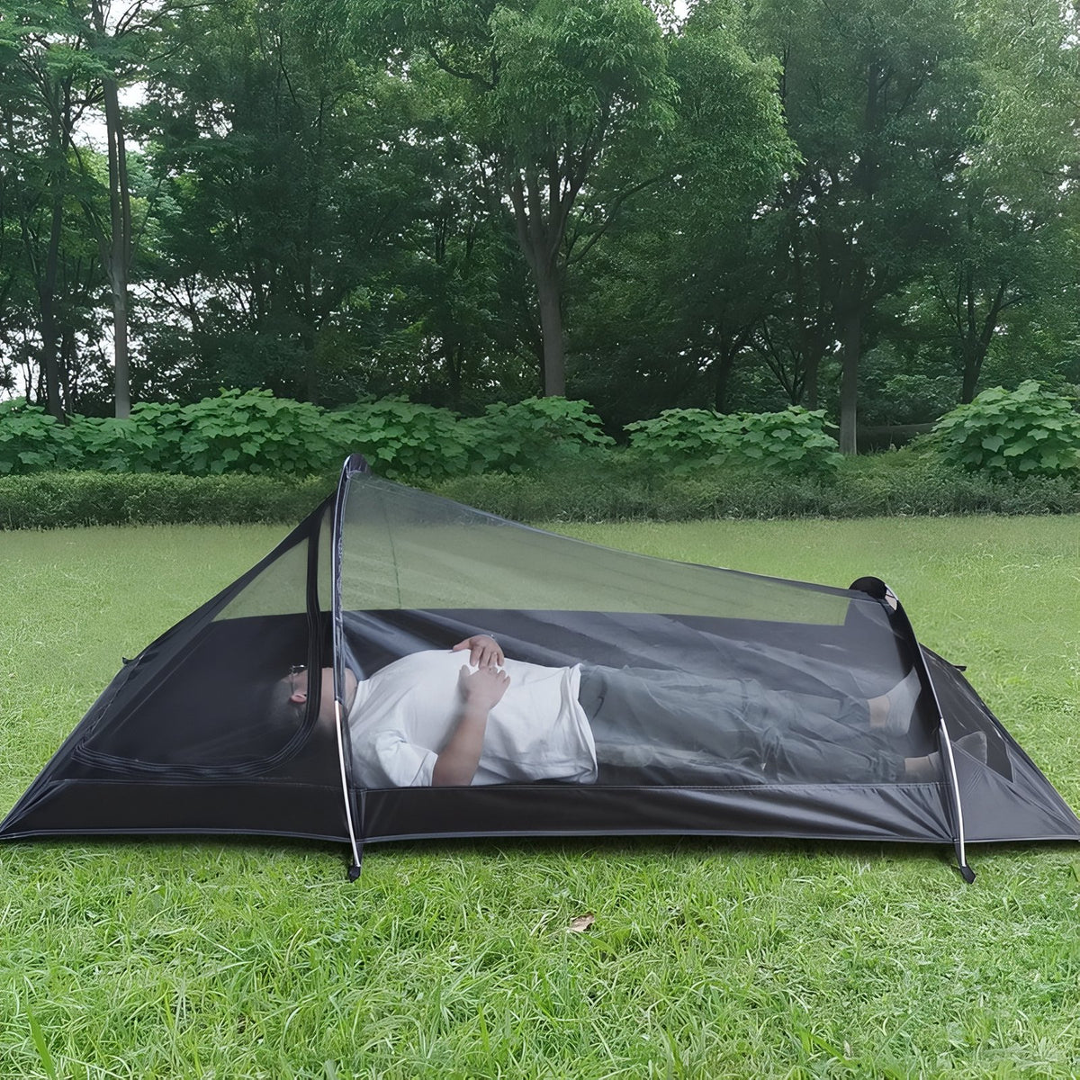 Lightweight 1-Person Bivouac Tent in outdoor setting - Olive Green - Sand Beige - Groundsheet