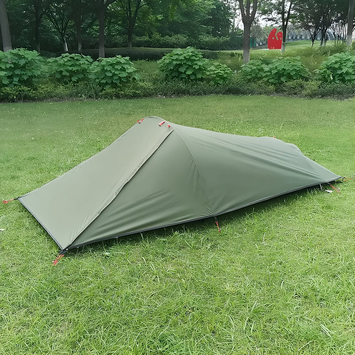Lightweight 1-Person Bivouac Tent in outdoor setting - Olive Green - Sand Beige - Groundsheet