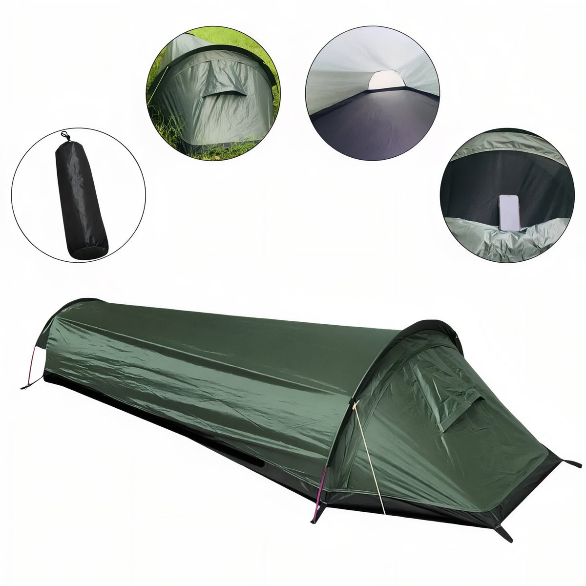1-Person Hiking Tent close-up interior details - Dark Green - Yellow and Black