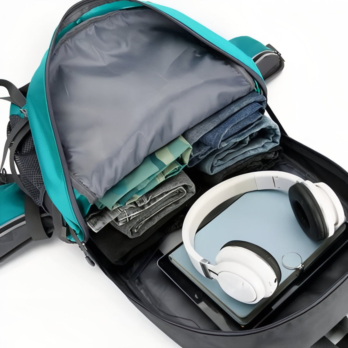 Multi-Pocket Hiking Backpack 55L open compartment - Turquoise and Gray - Dark Gray and Black - Dark Gray and Navy Blue - Deep Black - Orange and Gray