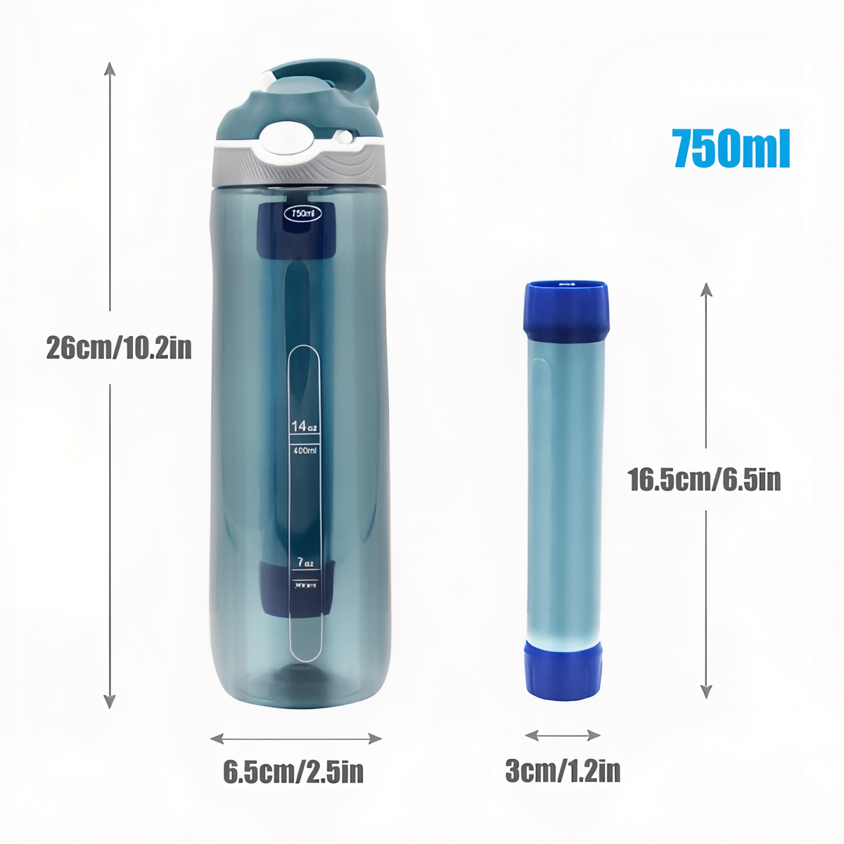 Filtered Water Bottle Hiking size guide - Green