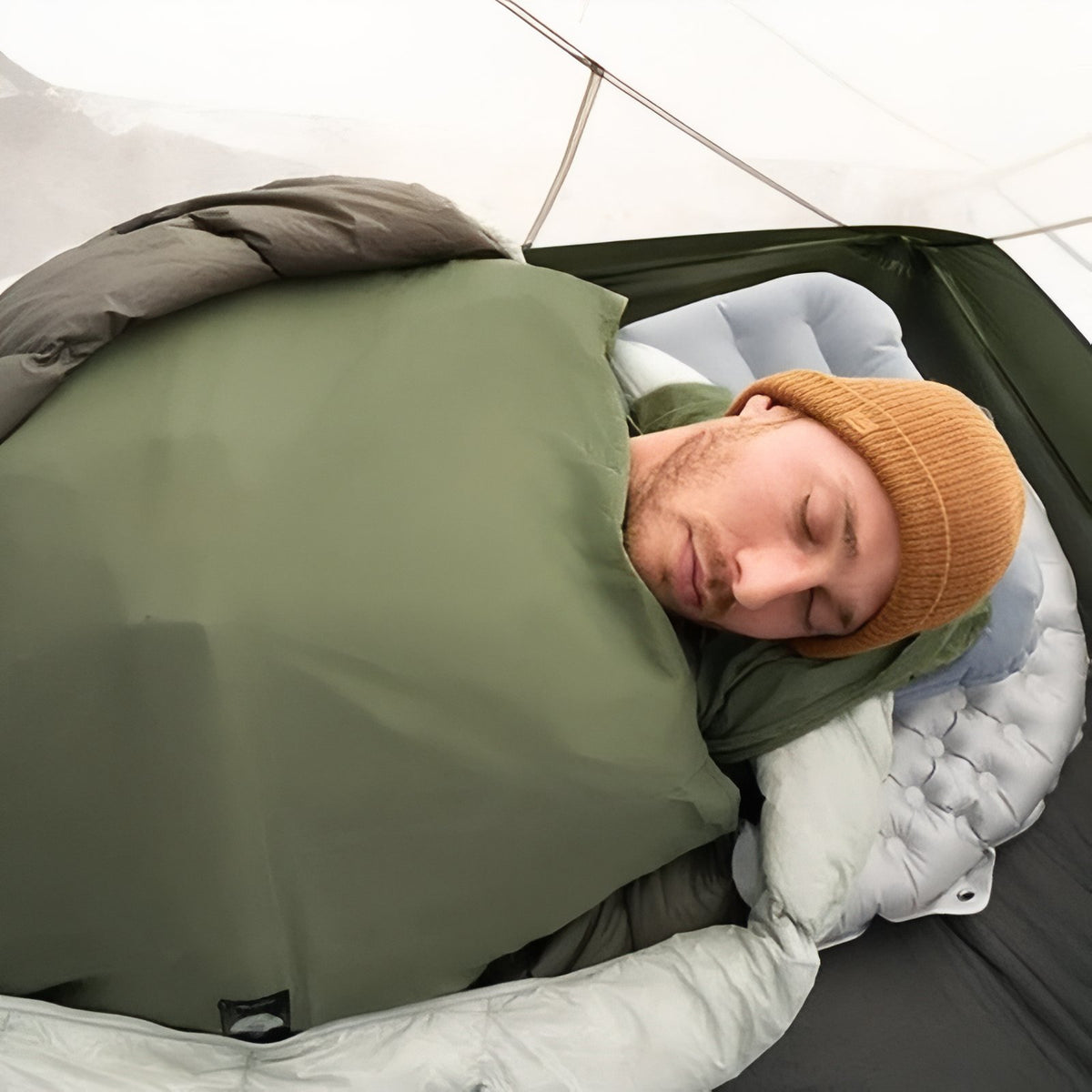 Sleeping Bag Liner in use inside tent - Light Grey - Dark Olive - Sand Beige