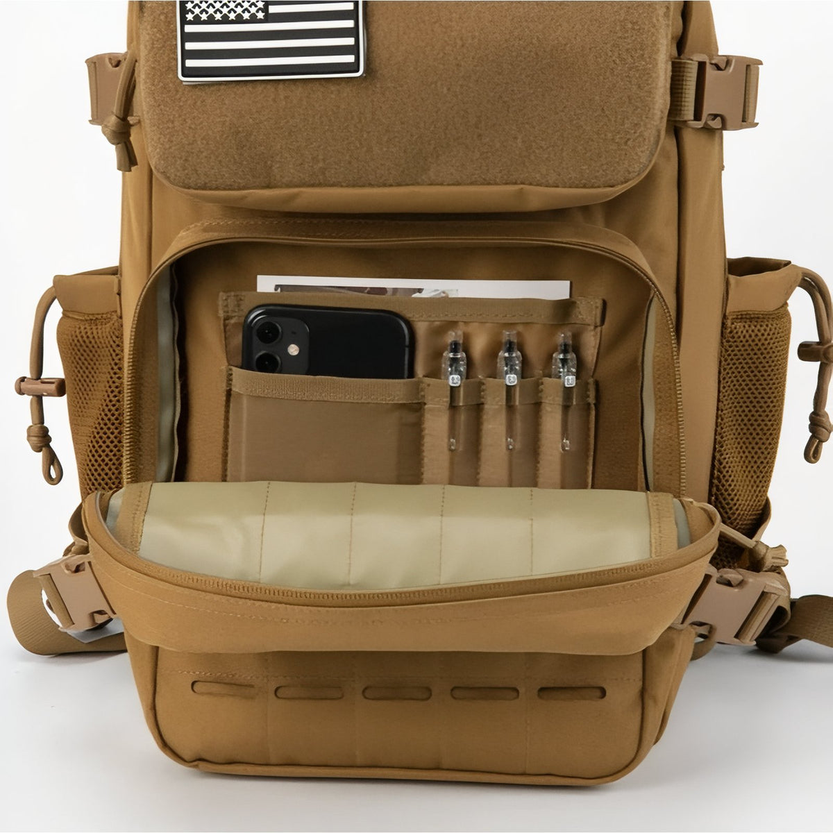 Military Backpack Sand 25L open compartment - Dark Brown