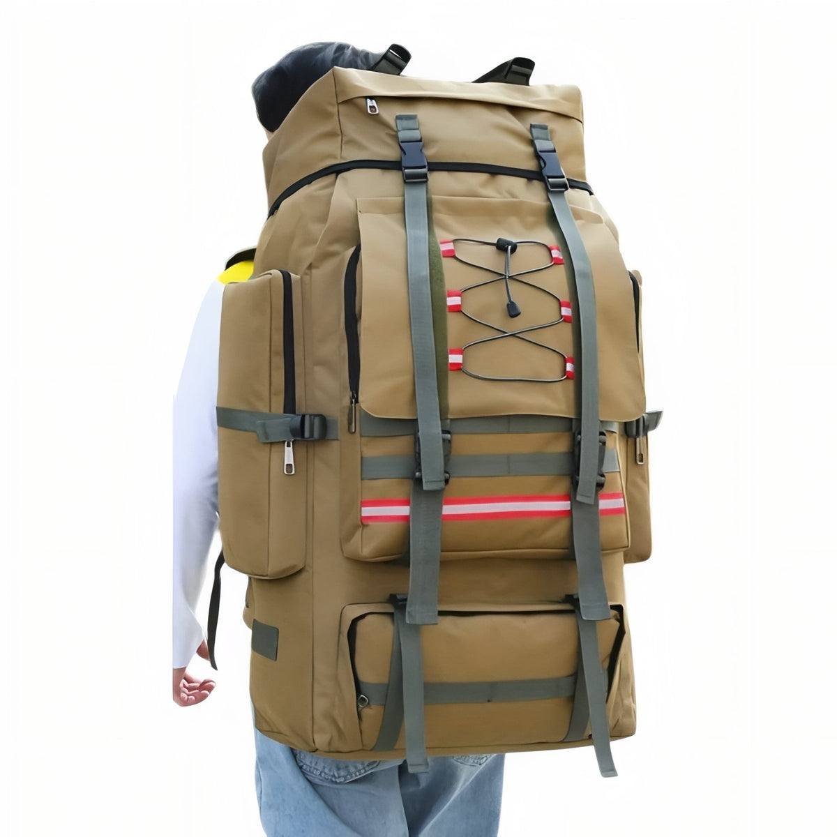 Trek Bag 130L worn on the back - Khaki - Navy Blue - Camouflage Green - Olive Green - Black - Gray
