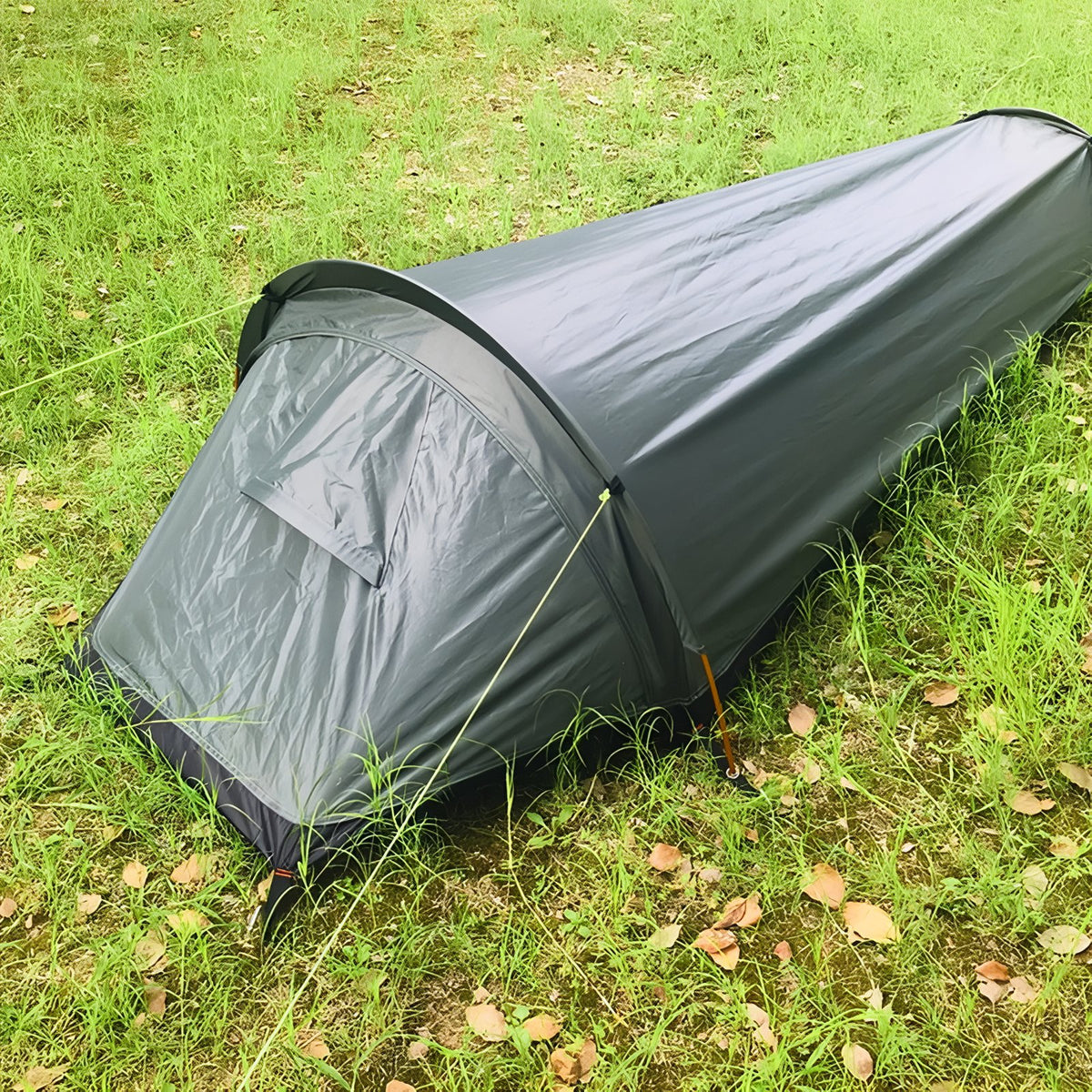 1-Person Hiking Tent in outdoor setting - Dark Green - Yellow and Black