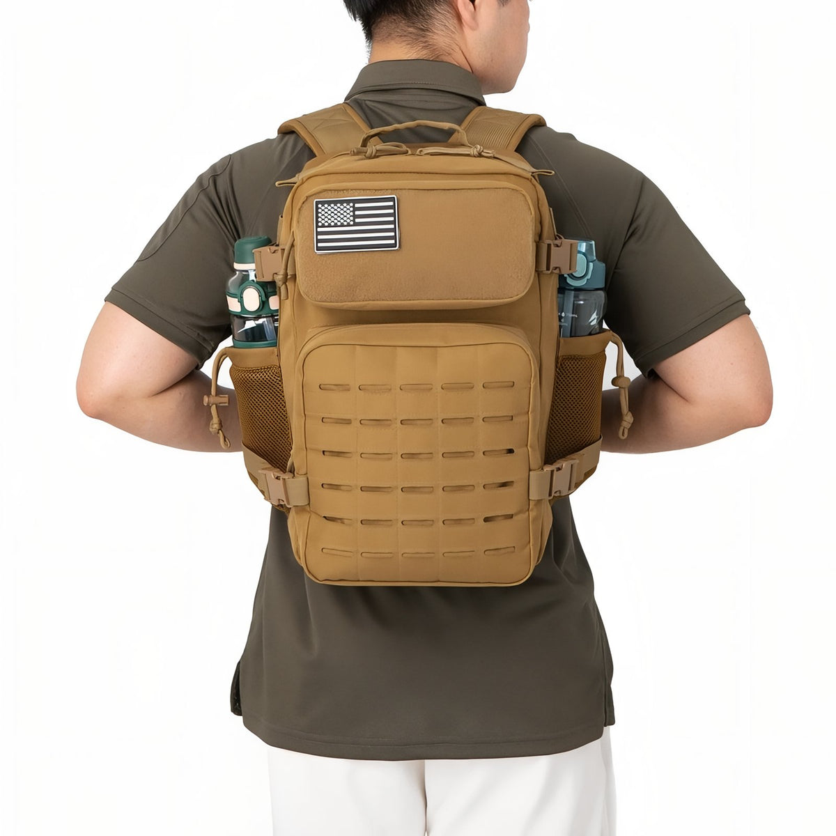 Military Backpack Sand 25L worn on the back - Dark Brown