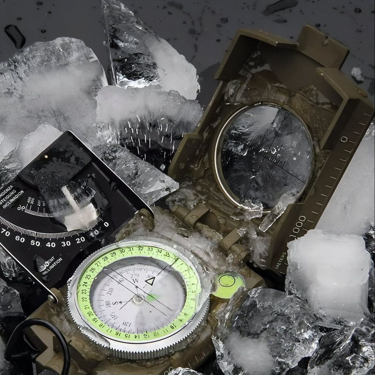 Multifunction Compass with Clinometer close-up on compass - Military Green