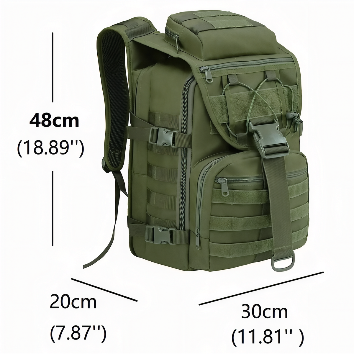 Sac à Dos Militaire 40 Litres guide des dimensions - Vert Olive - Beige Sable - Noir - Gris