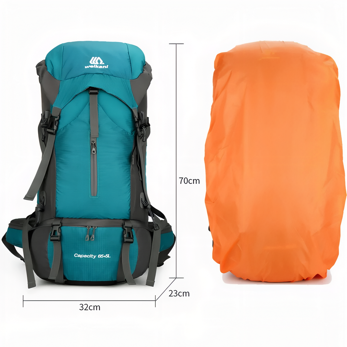 Sac à Dos Rando Avec Protection Pluie 70L guide des dimensions - Turquoise et Noir - Bleu Marine et Gris - Orange et Gris - Noir et Orange