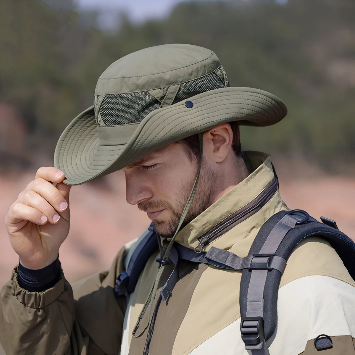 Chapeau de Randonnée Ventilé portée sur la tête - Beige - Vert Clair - Bleu Marine - Orange - Noir - Marron - Gris - Vert Olive - Gris Foncé