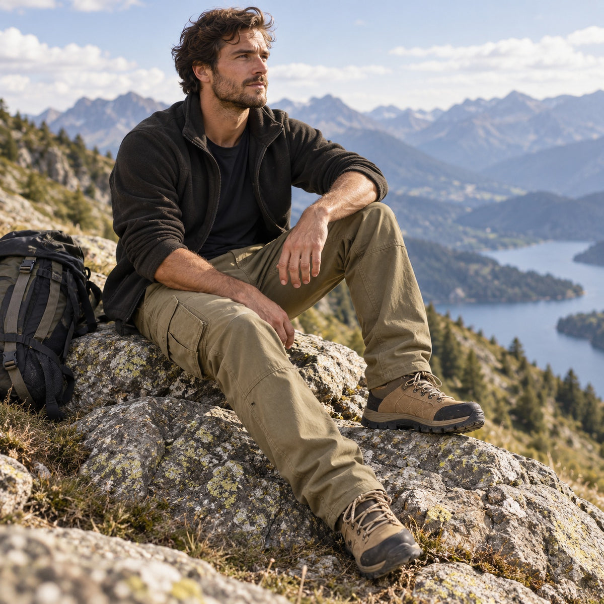 Pantalon cargo randonnée homme vert olive, porté assis sur un rocher